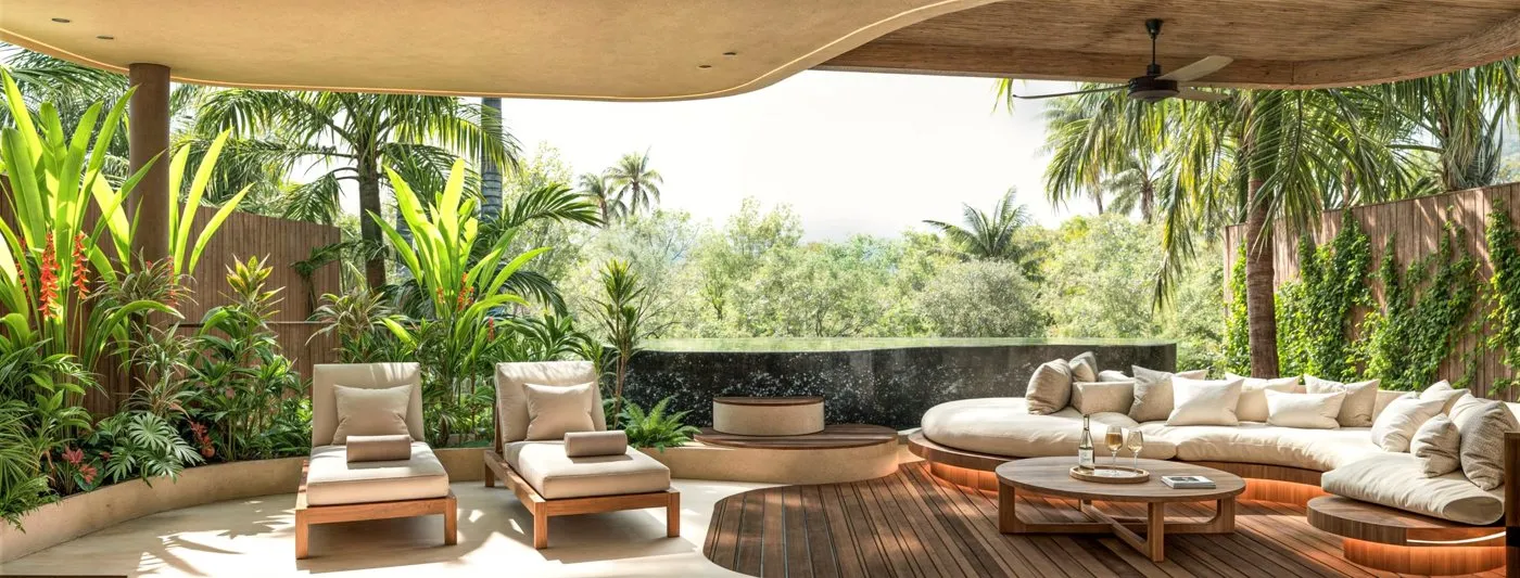 Lounge am Pool im tropischen Garten