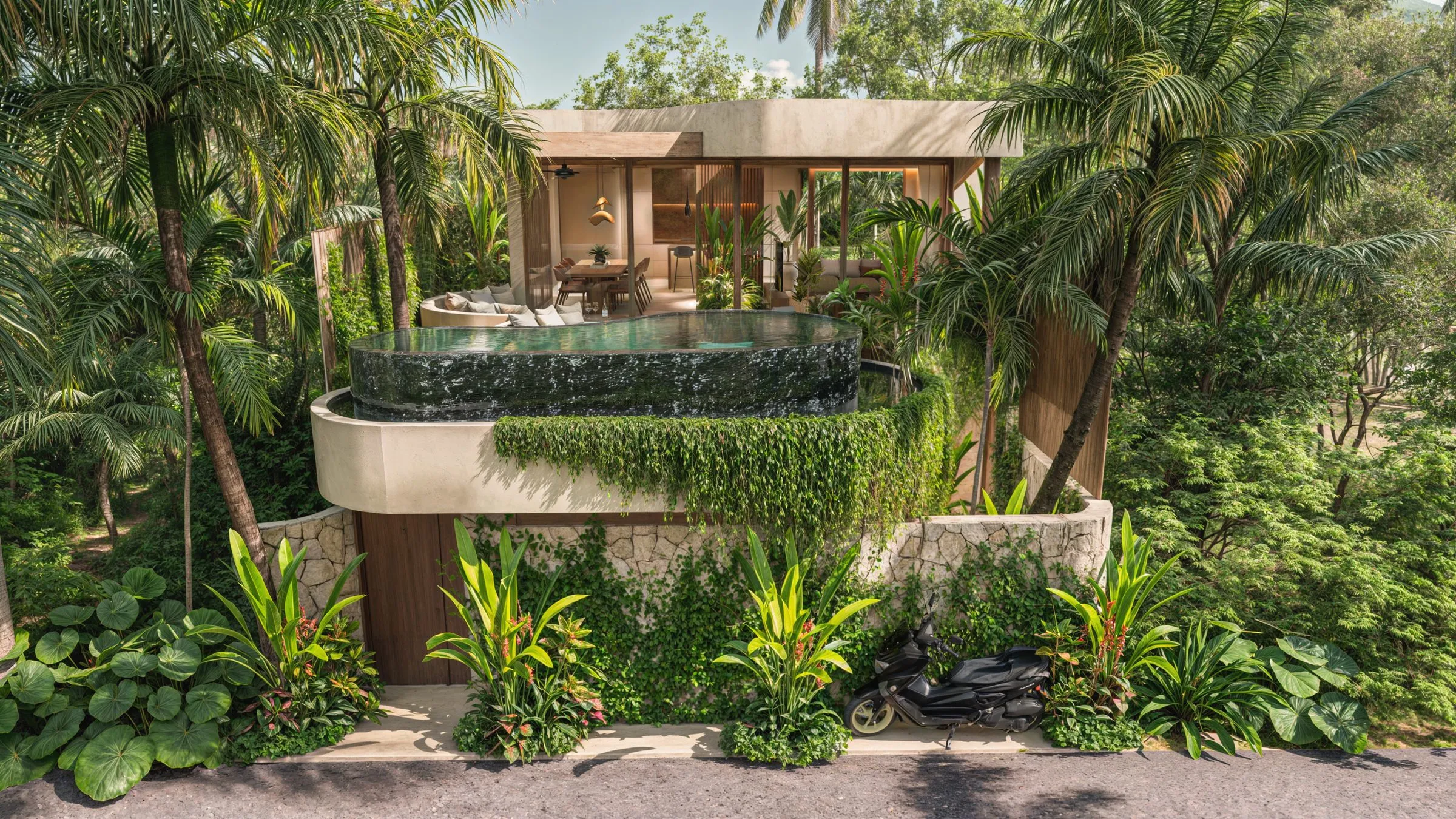 Villa Lani: erhöhter Pool im tropischen Garten